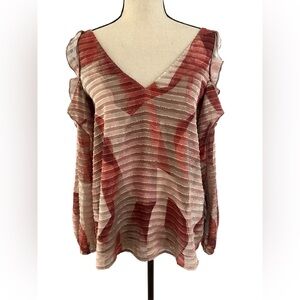 Adrienne Landau Long Sleeve Top Blouse Shoulder Cut Out Red Cream
